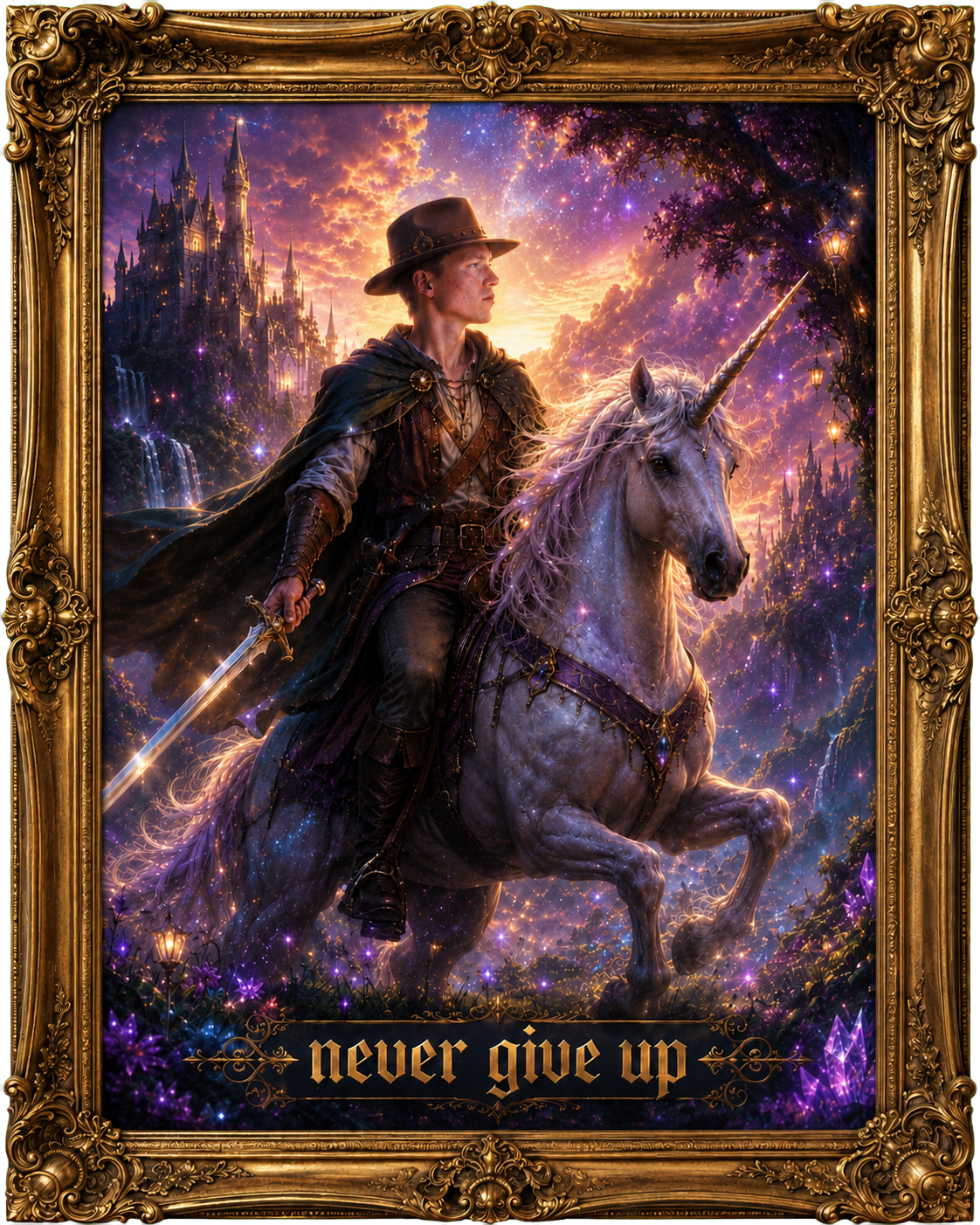 Fantasy rider on a unicorn in an ornate gold frame with the words never give up