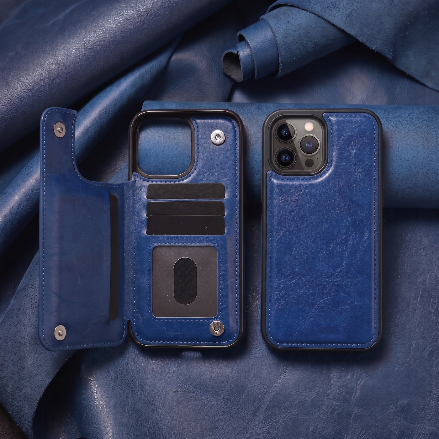 Blue vegan leather wallet case for iPhone with card slots