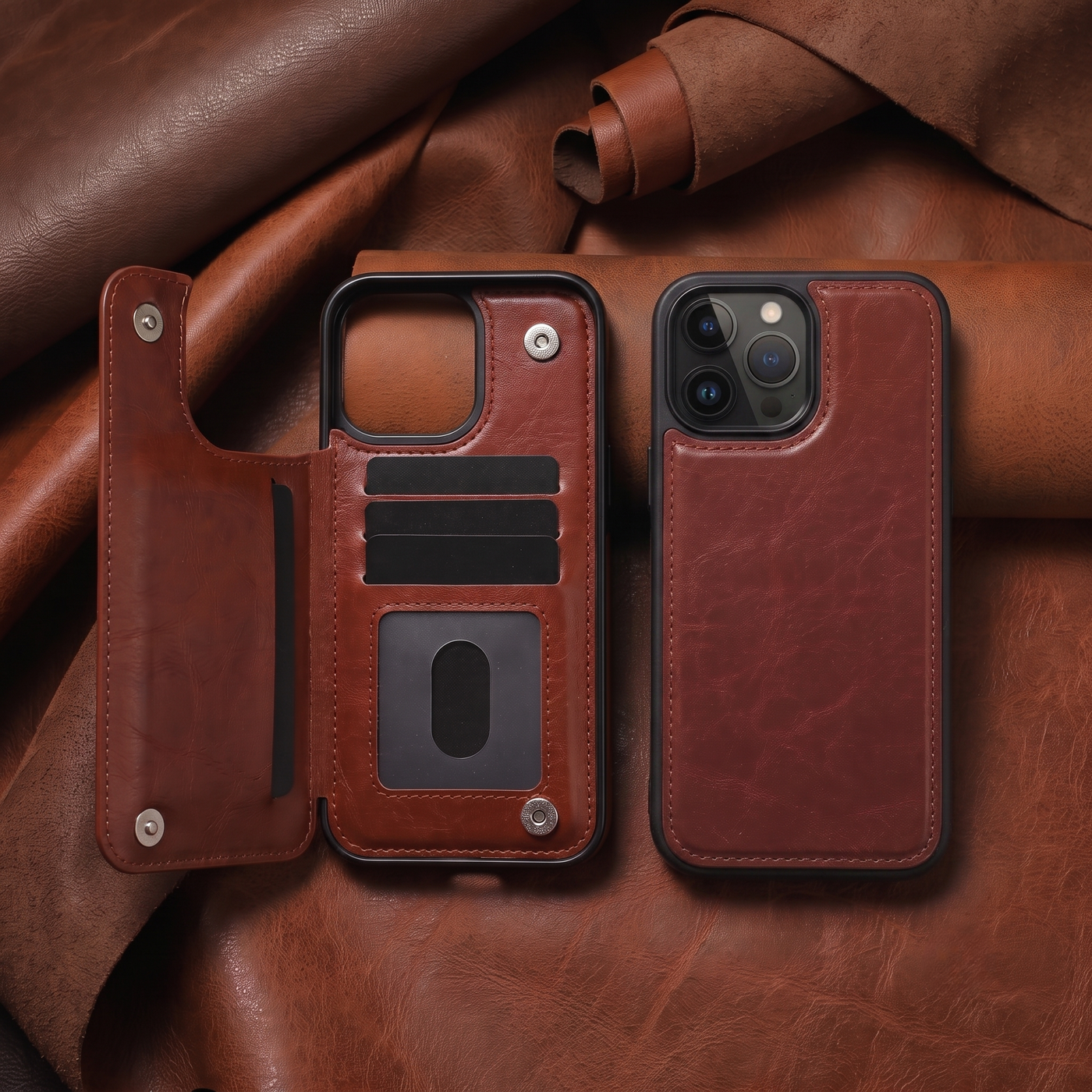 Brown vegan leather wallet case for iPhone with card slots