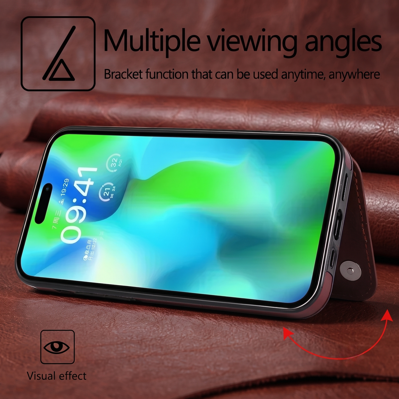 iPhone leather wallet case folded into a viewing stand