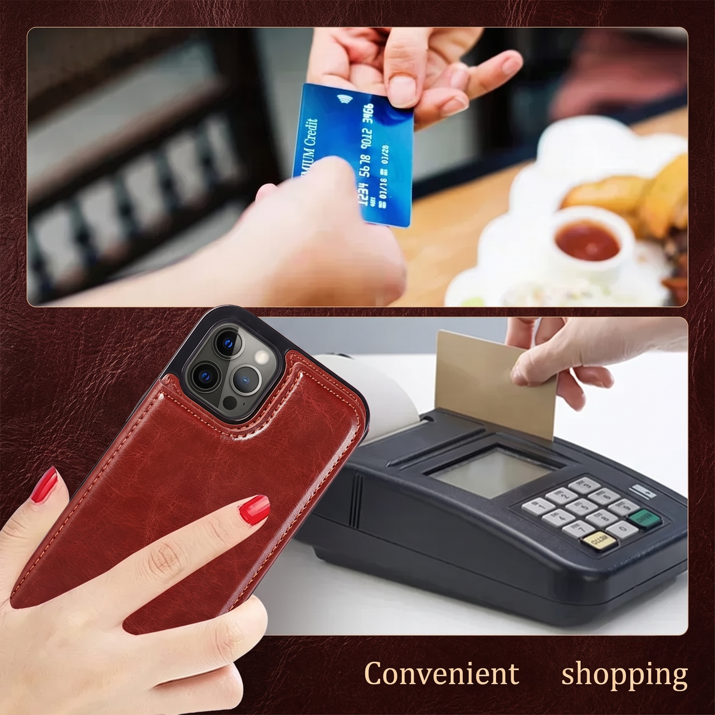 iPhone leather wallet case in use, card slots holding bank cards