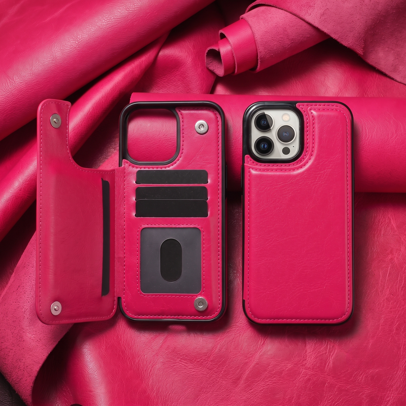 Rose red vegan leather wallet case for iPhone with card slots