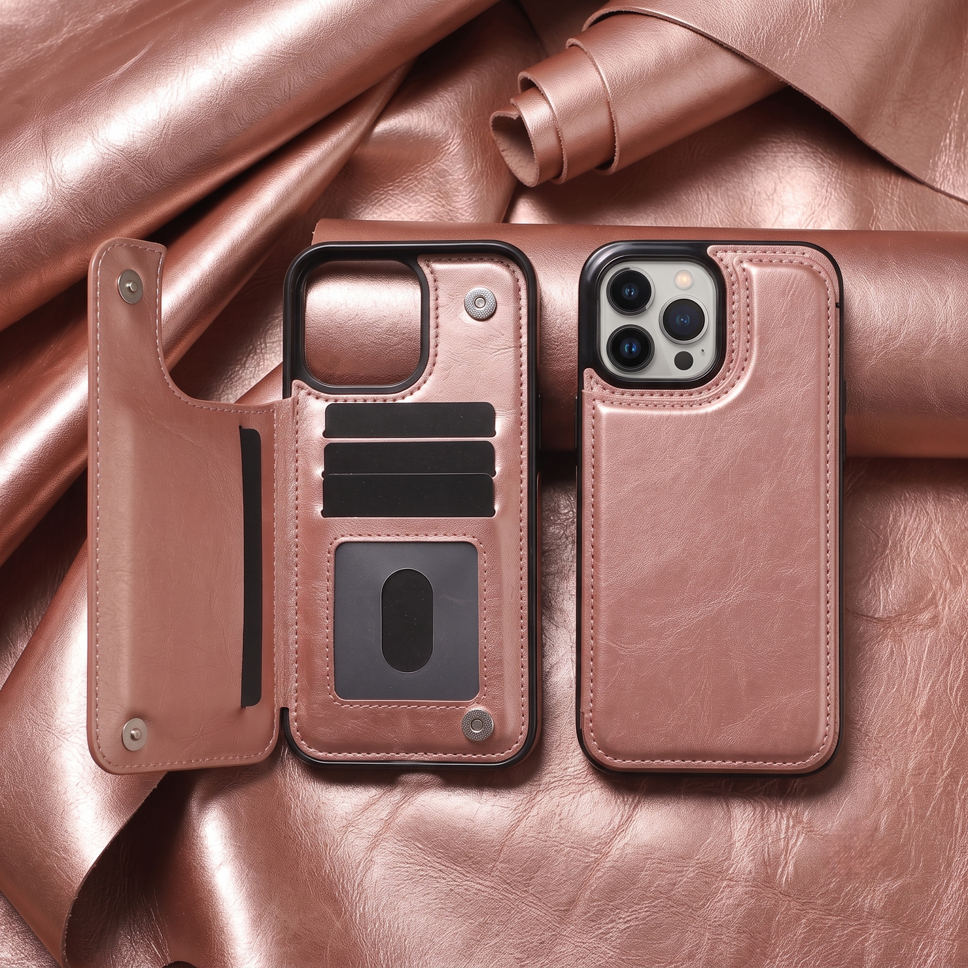 Rose gold vegan leather wallet case for iPhone with card slots