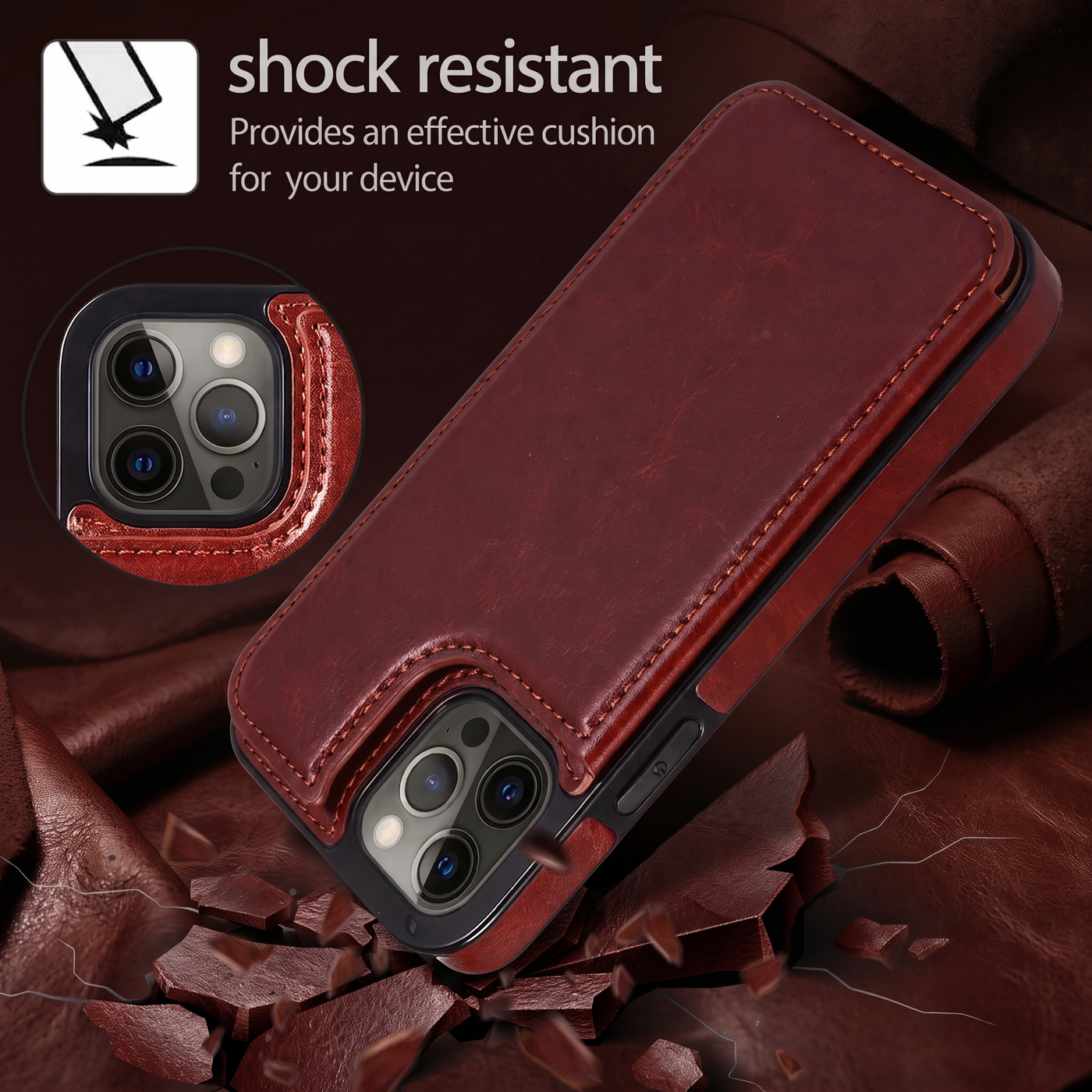 iPhone leather wallet case, shock-absorbing construction
