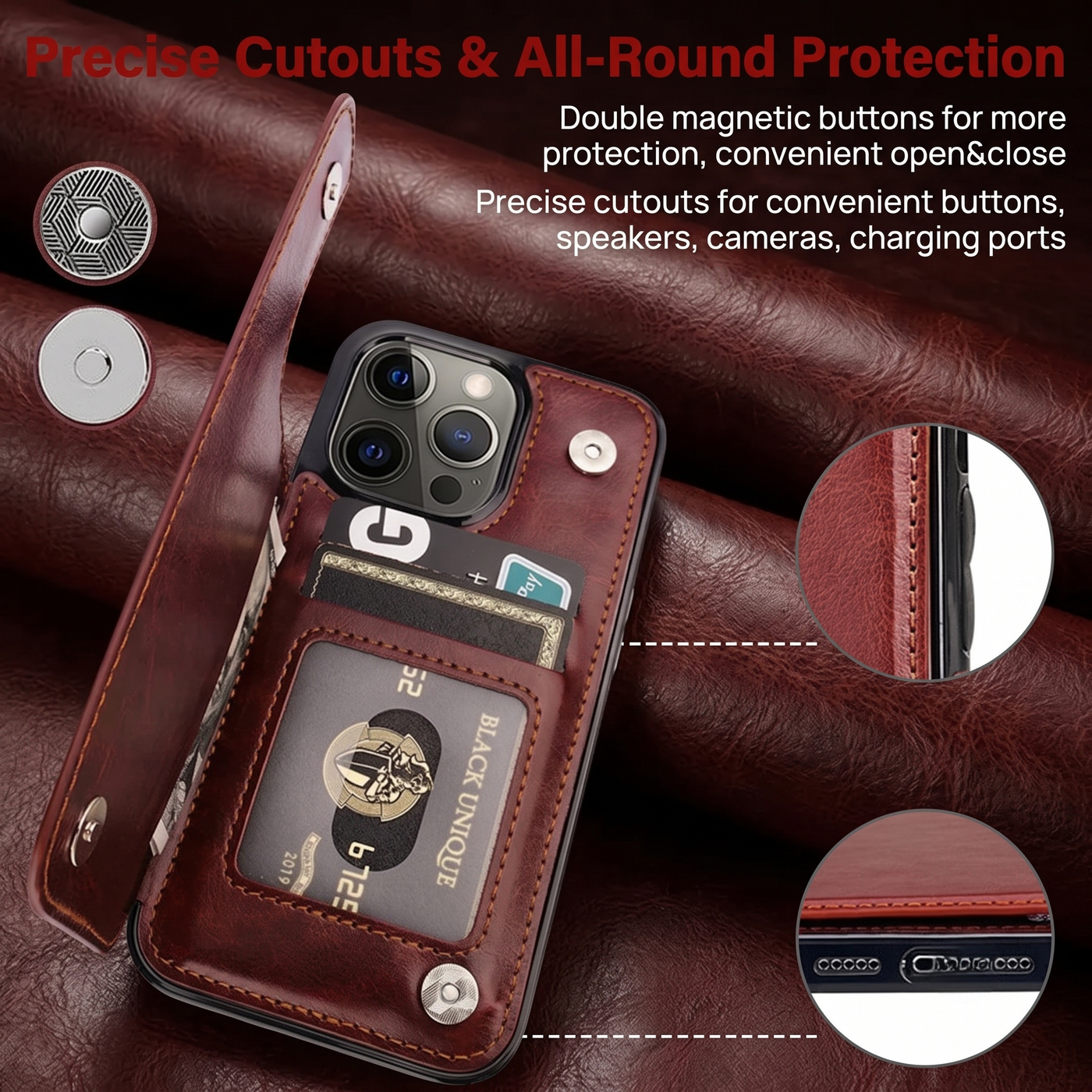 iPhone leather wallet case, precise cutouts and magnetic closure