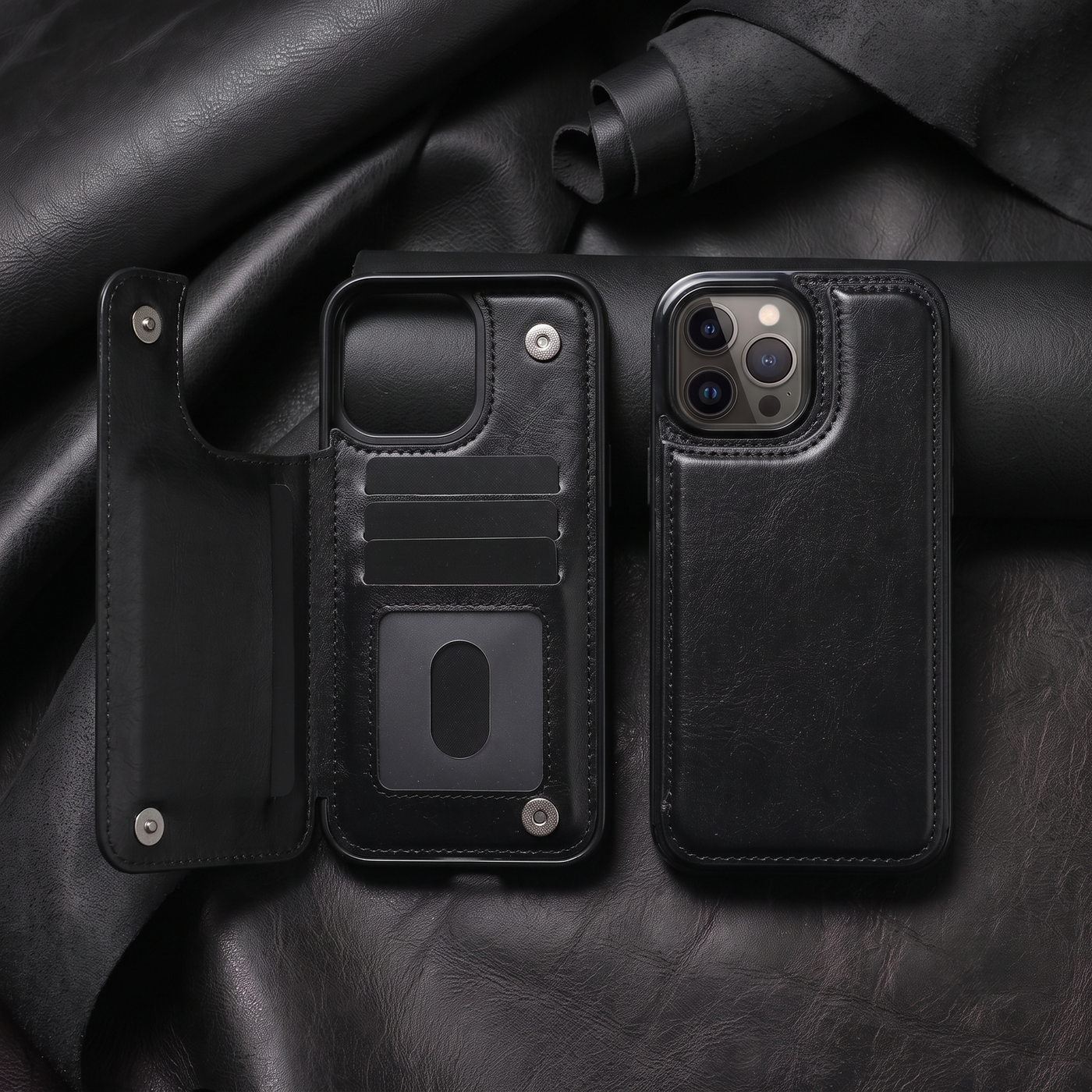 Black vegan leather wallet case for iPhone with card slots