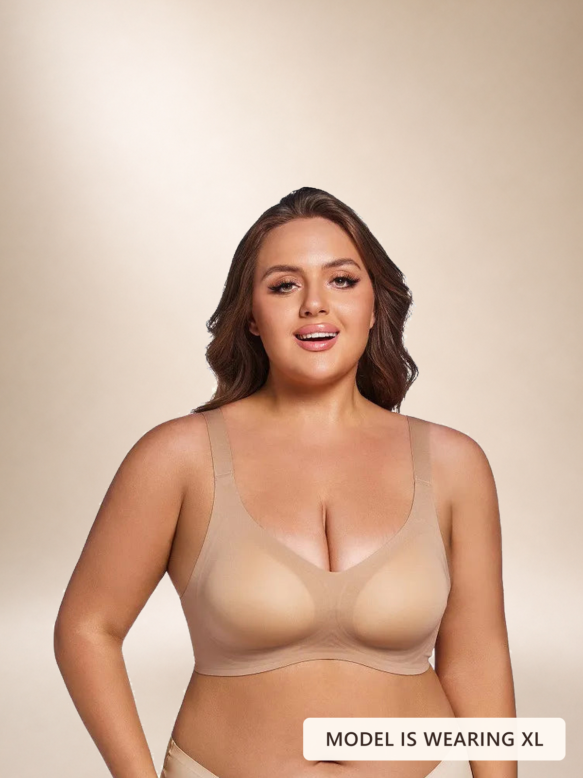 Front view of a model wearing the Faveno Jelly Bra in Medium Nude, size XL. Image label: Model is wearing XL.
