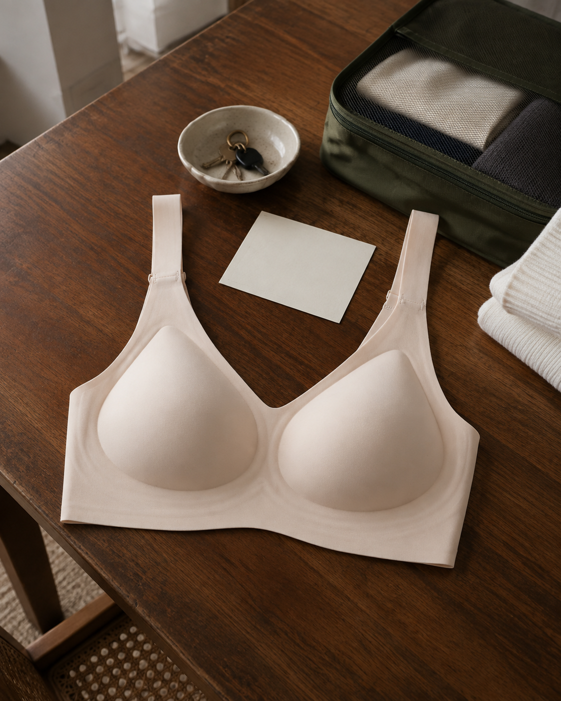 Light Nude Faveno Jelly Bra arranged for travel on a warm wood table