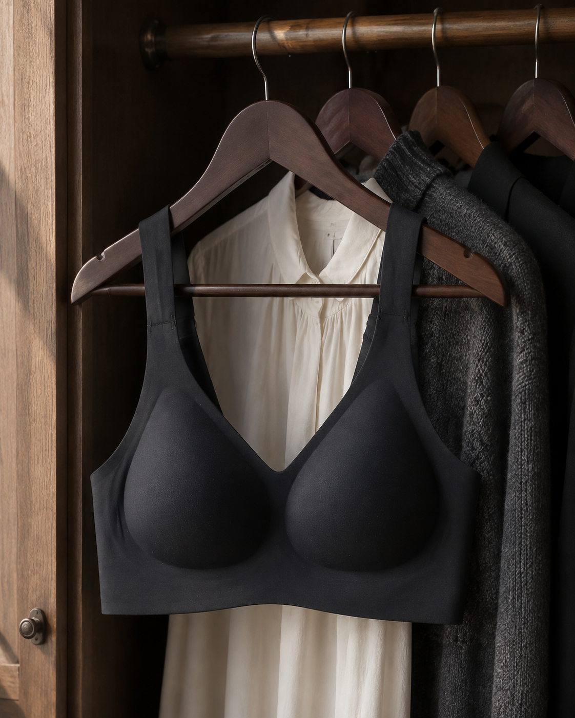 Black Faveno Jelly Bra hanging in a warm walnut wardrobe