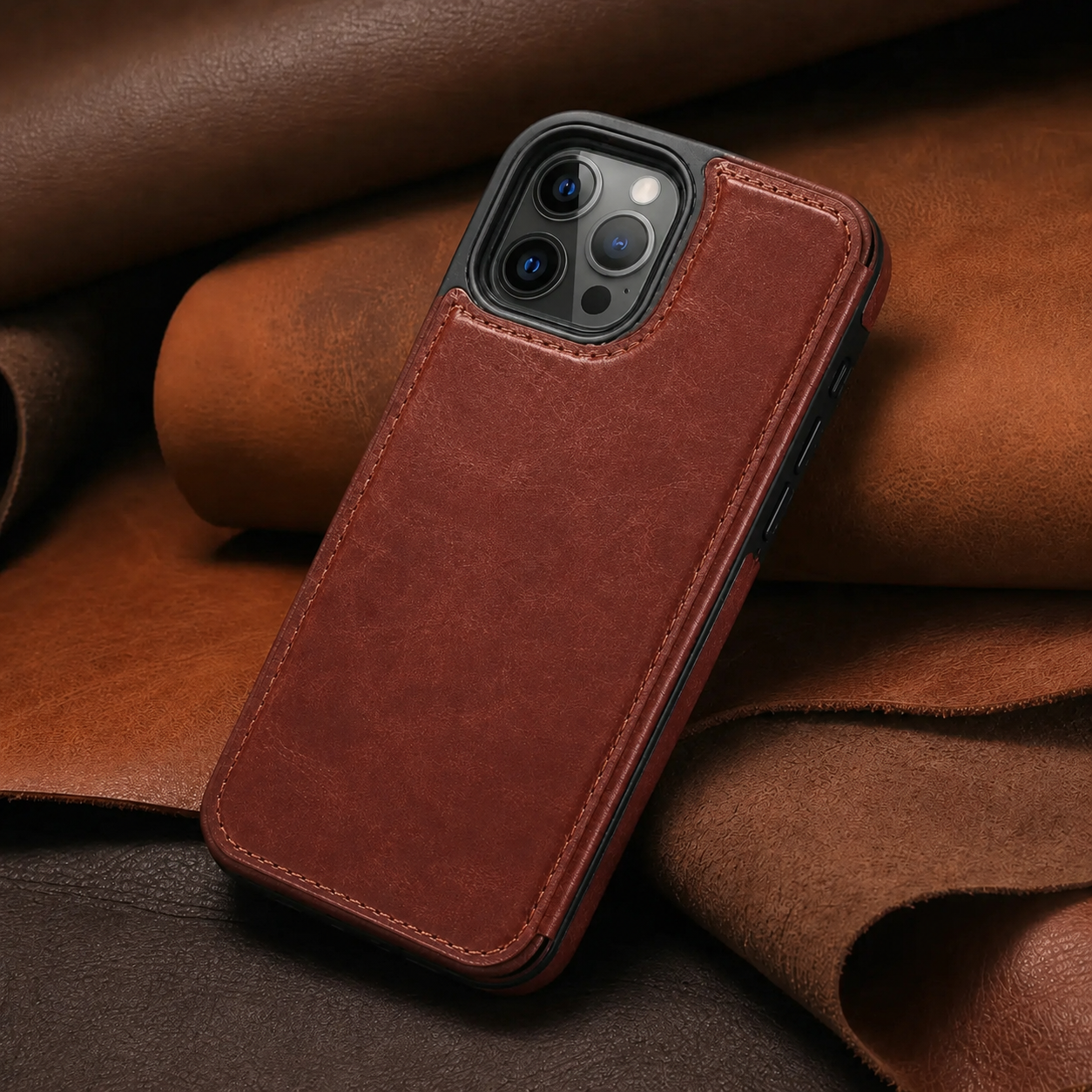 Brown vegan leather wallet case for iPhone, closed