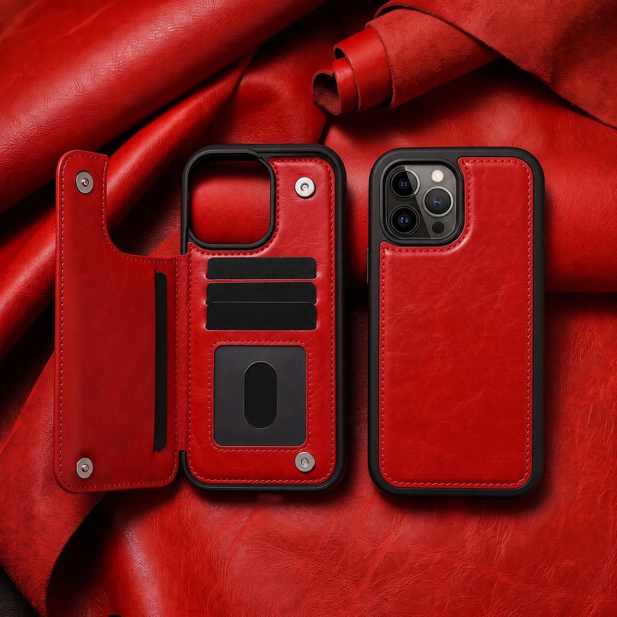 Red vegan leather wallet case for iPhone with card slots